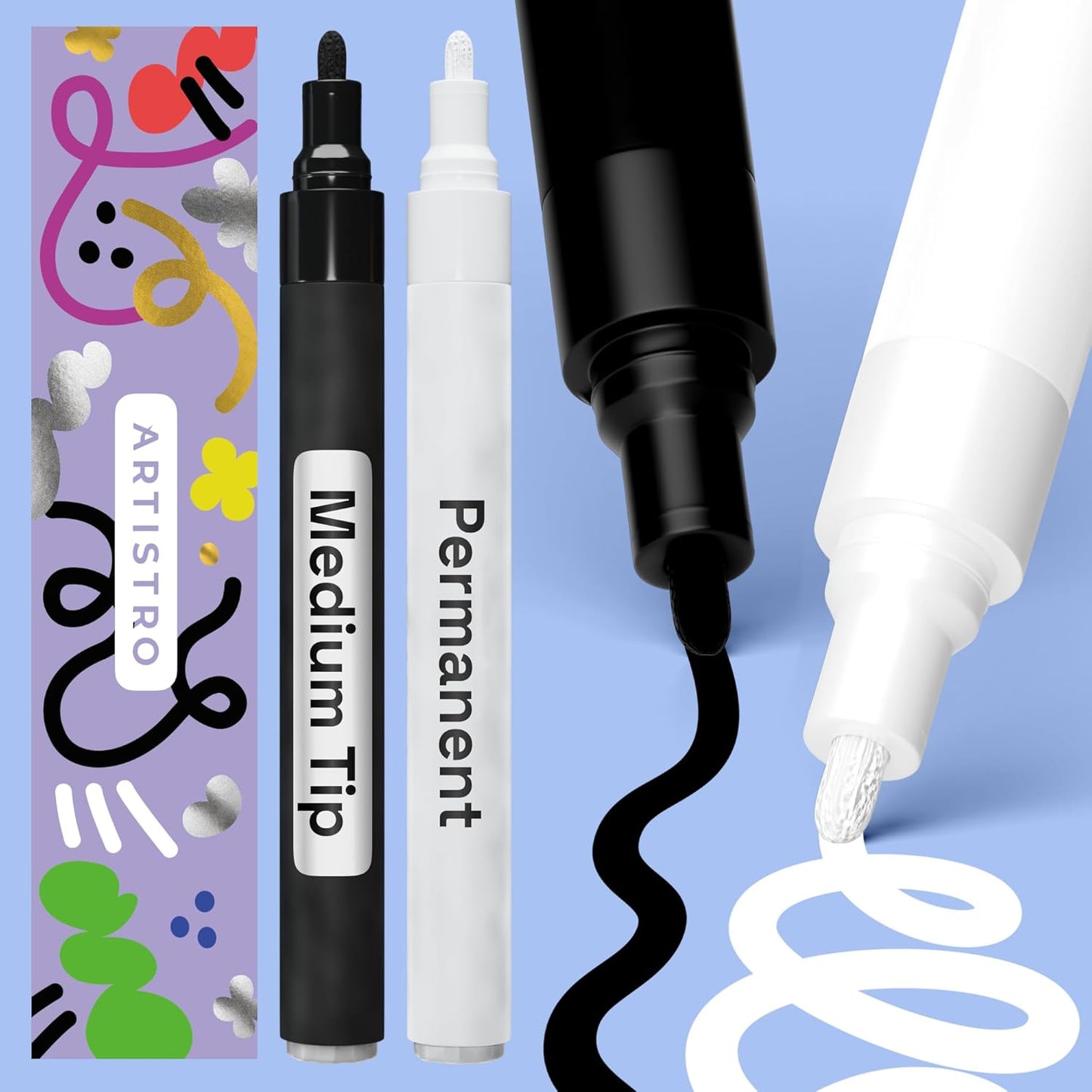 ARTISTRO 2 Black & White Permanent Marker - Waterproof Markers for Tire, Fabric, Rocks, Glass, Ceramic, Wood, Paper - Oil Based Paint Pens - Medium Tip 3mm