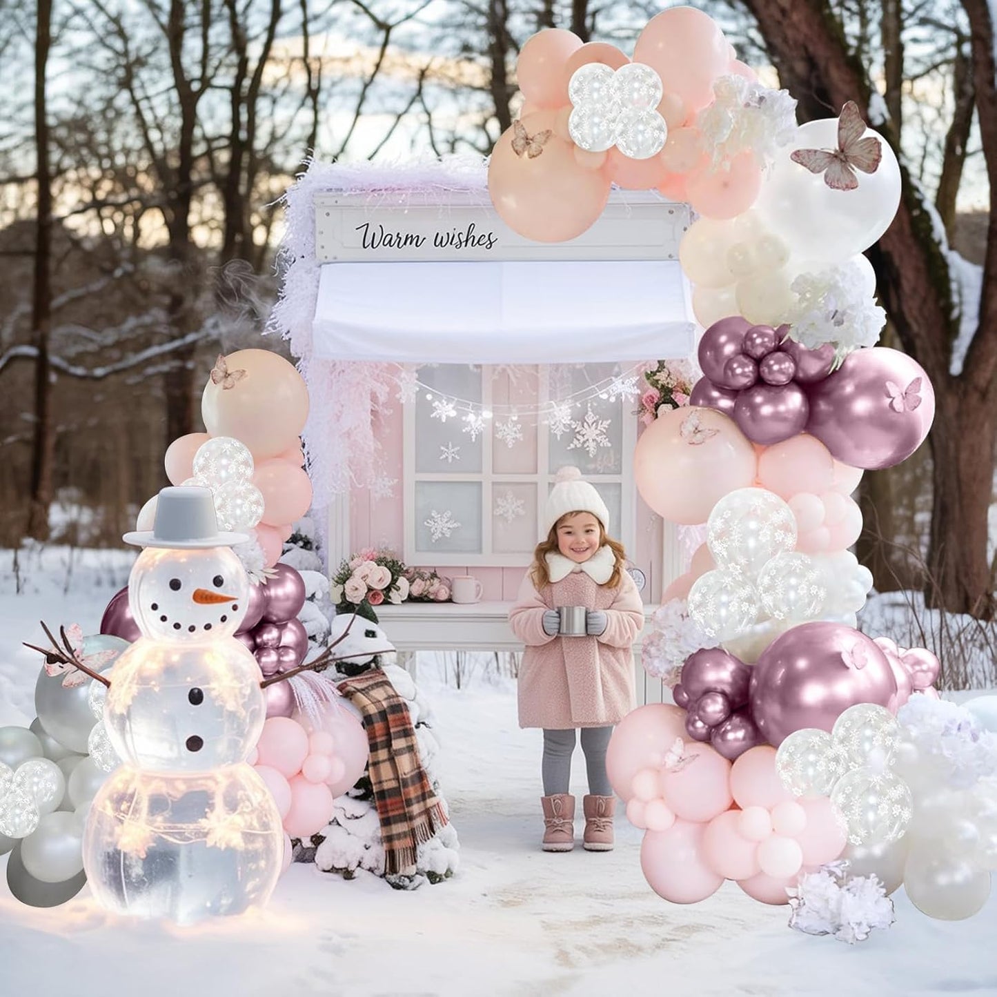 Pink Winter Wonderland Balloons, 50 Pcs 12 Inch Pearl White Balloons Pastel Metallic Pink Balloon for Girls Womem Winter Christmas Wonderland Birthday Baby Shower Ice Snow Princess Party Decorations