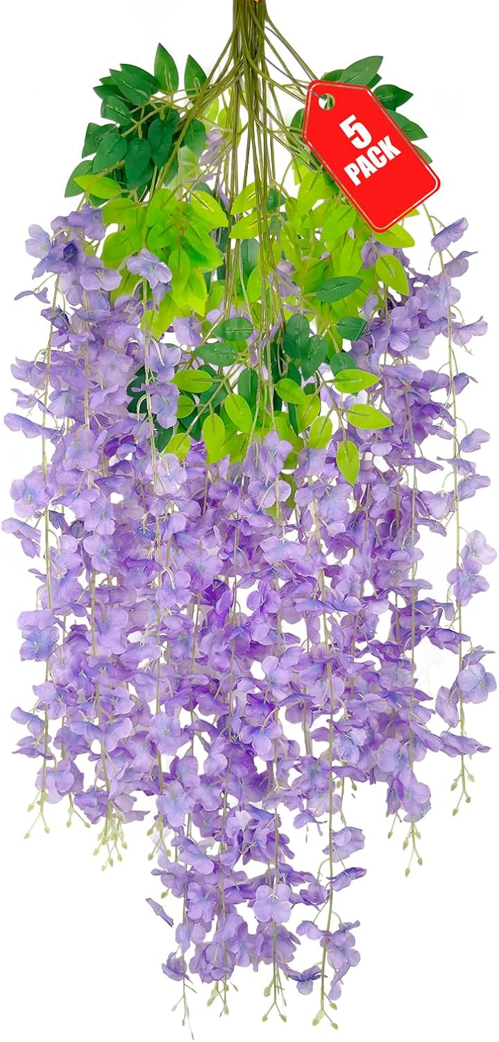 5 Pack Light Purple Wisteria Hanging Flowers, 3.44 Ft Fake Hanging Flowers, Artificial Wisteria Garland Vines for Wedding Room Backdrop Outdoor Patio Garden Decoration