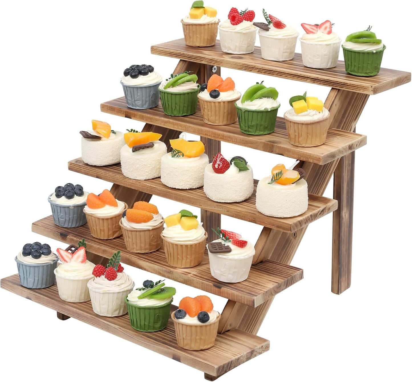 SwallowLiving 5 Tier Wooden Rustic Cupcake Stand for 30 Cupcakes, Stepped Wood Display Stand for Weddings, Tiered Party Table Display Riser for Food , Dessert, Cookie, Decor, Craft Show, Burnt