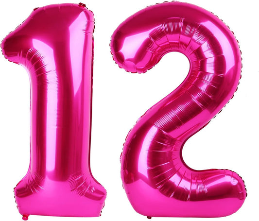 Hot Pink Number 12 Balloon 40 inch, Number 12 Birthday Balloon for Boy Girl, Hot Pink Foil One for 12 Birthday Party, Anniversary Celebration Number Decorations
