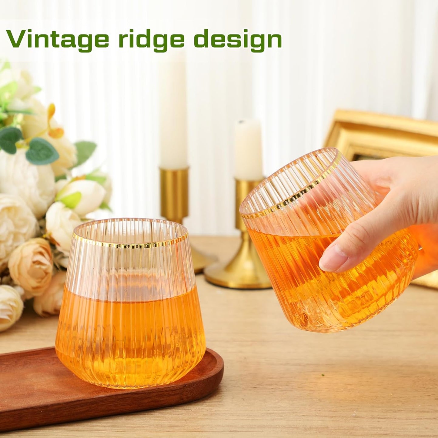 Suclain Plastic Wine Glasses Ribbed Stemless Wine Glasses 14oz Vertical Design Unbreakable Cups for Outdoor Indoor Vintage Elegant Champagne Whiskey Cups for Party Wedding(Clear, Gold,50 Pcs)