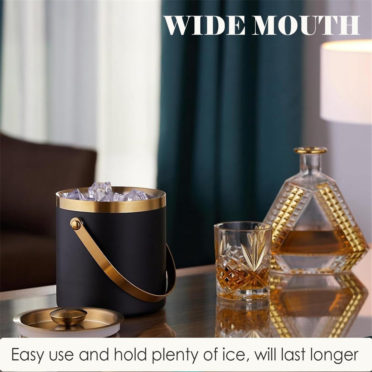 Ice Bucket with Lid, Handle and Tong Black Gold Insulated Stainless Steel Champagne Bucket 2L Wine Bucket for Party Bar Cart Accessories Large Double Wall Bucket Keep Frozen