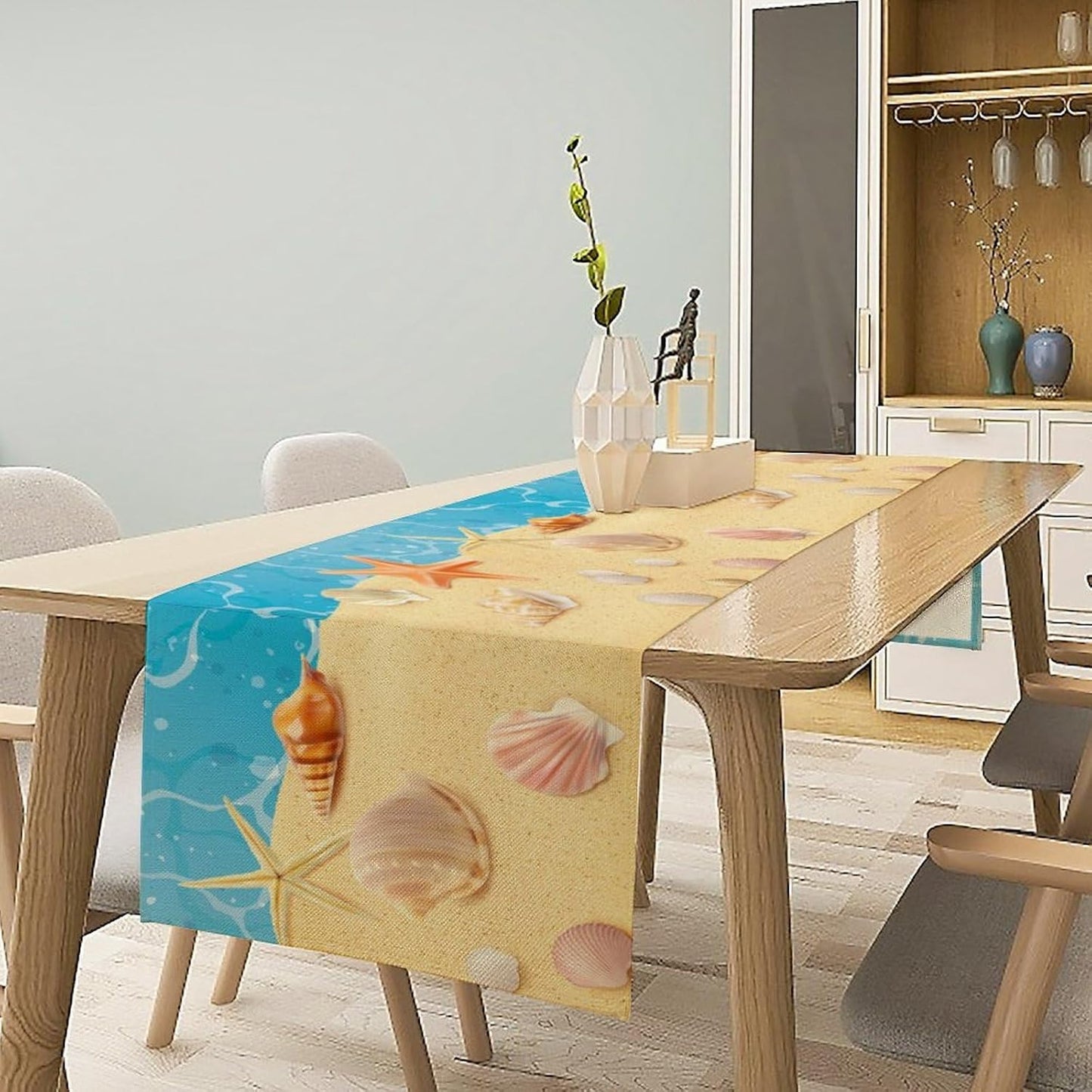 Sea Turtle Table Runner Marine Life Starfish Nautical Blue Green Ocean Theme Kitchen Table Decorations for Indoor Outdoor Home Party Decorations 13 * 108 Inch