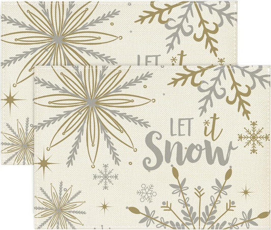 Artoid Mode Beige Snowflake Let It Snow Winter Placemats Set of 2, 12x18 Inch Seasonal Christmas Table Mats for Party Kitchen Dining Decoration