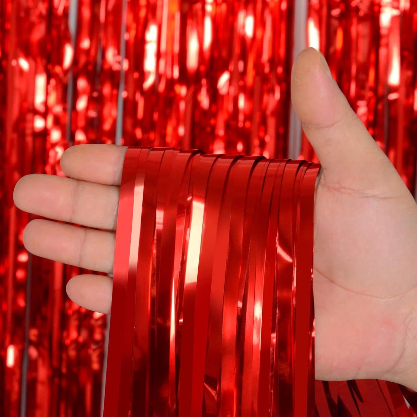 Foil Fringe Curtains Party Decorations - Melsan 3 Pack 3.2 x 8.2 ft Tinsel Curtain Party Photo Backdrop for Birthday Party Baby Shower or Graduation Decorations (Pure red)