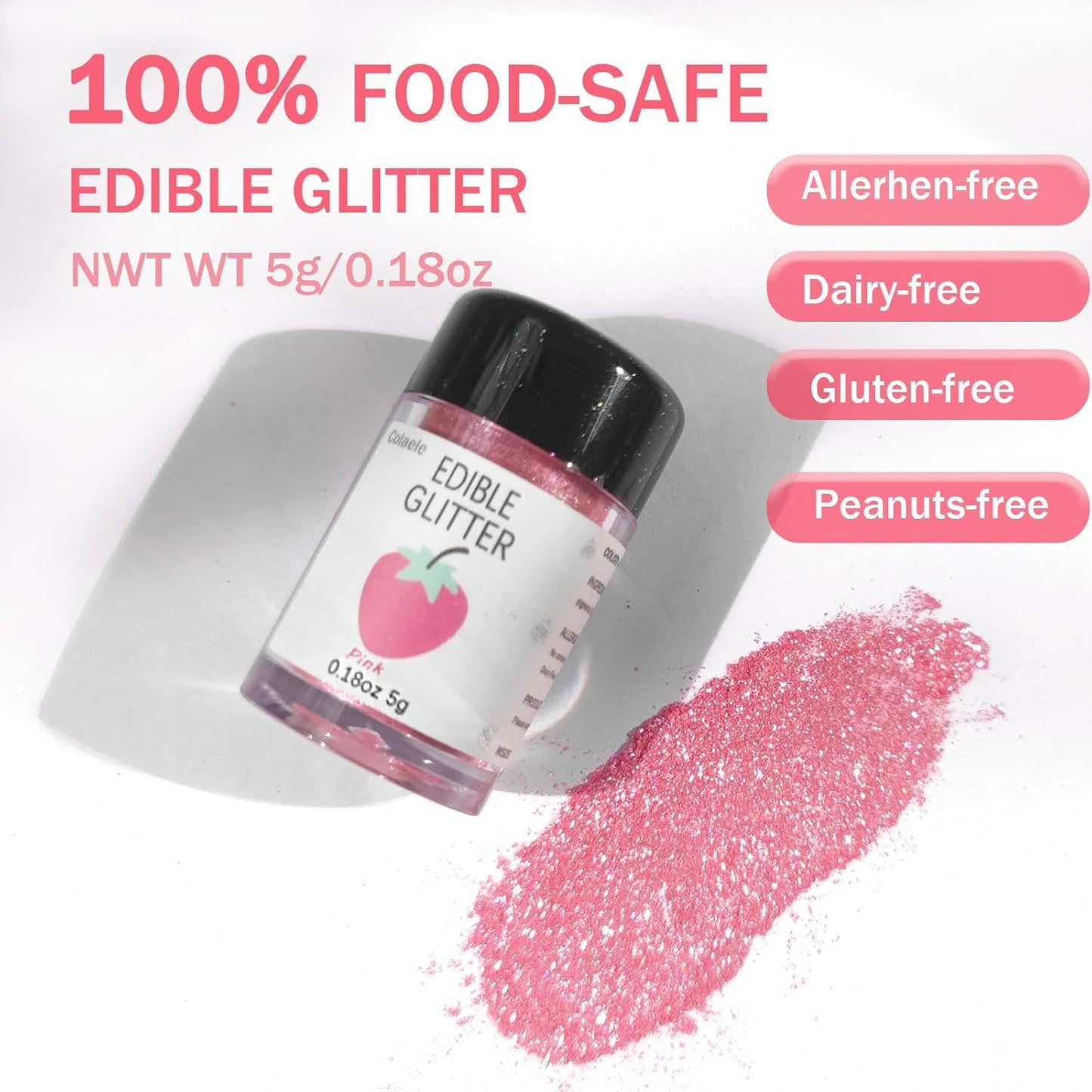 Pink Edible Glimmer Powder Glitter - Colaele 5 grams Food-Grade Luster Dust Metallic Fancy Food Decorating Sprinkle Glimmery Brew Dust for Cake Decorations Drinks Wine Beverage Candy Dessert, Vegan