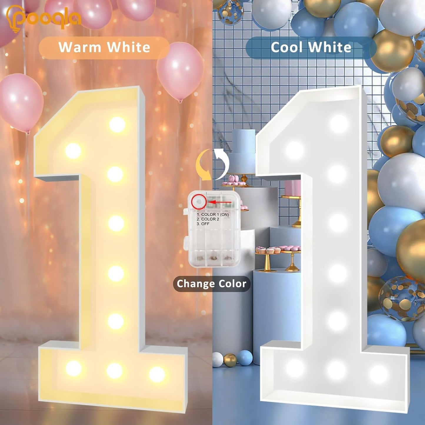 Pooqla 4 FT Light Up Marquee Numbers, Giant Mosaic Light Up Numbers Cool White and Warm White LED, Large Lighted Marquee Numbers for Balloons 1st 16th 21st Birthday Party Decoration, LED Number 1