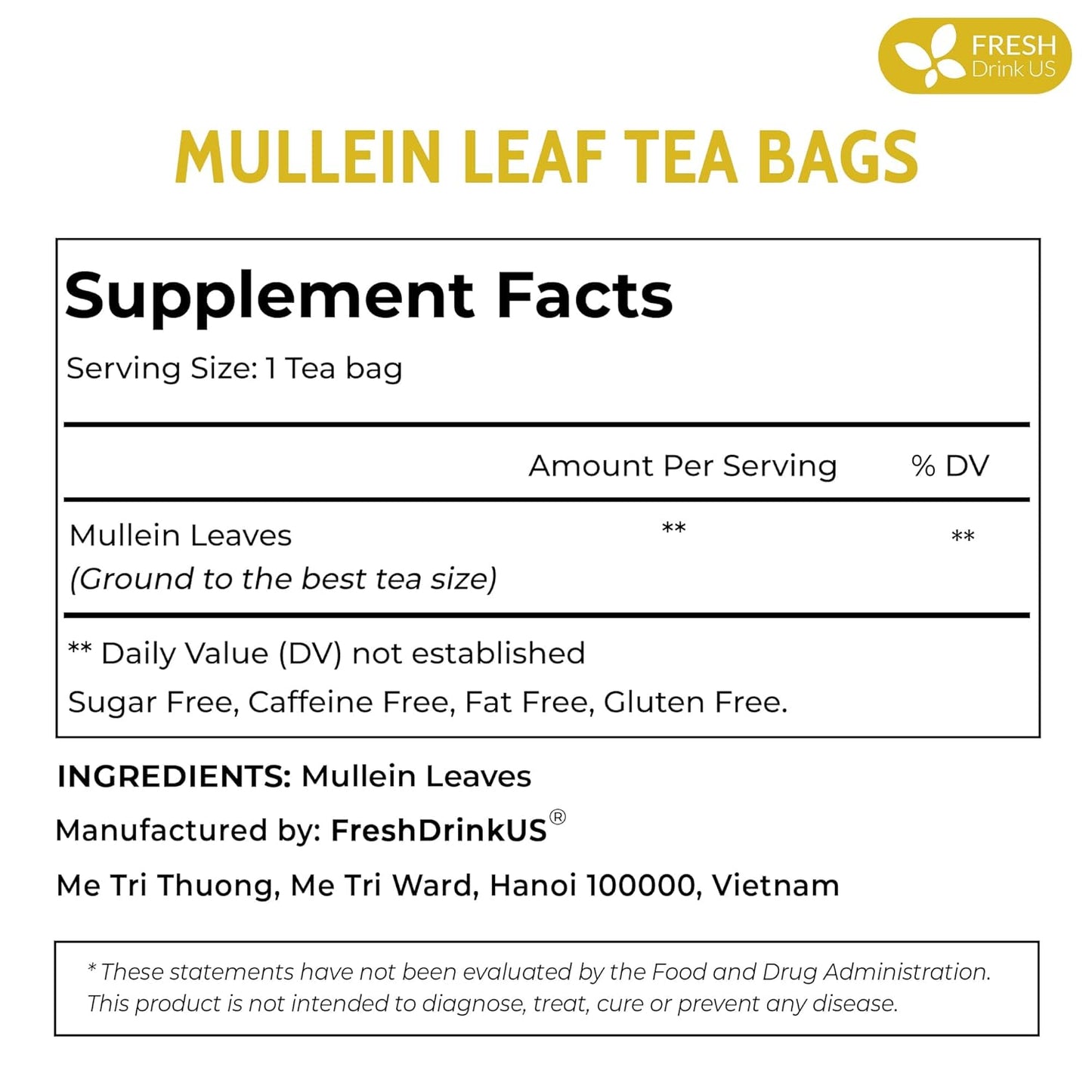 FreshDrinkUS, Premium 35 Mullein Leaf Tea Bags For Lung, 100% Natural & Pure from Mullein Leaves. Loose Leaf Mullein Herbal Tea. Made with Natural Material Tea Bags. No Sugar, No Caffeine, No Gluten, Vegan.