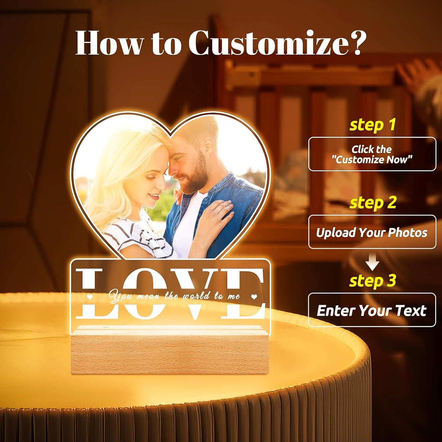 Personalized Gifts for Women Men Him Her, Custom Picture Frames with Photo, Customized Photo Frame with Night Light, Personalized Anniversary Couple Gifts for Boyfriend Girlfriend