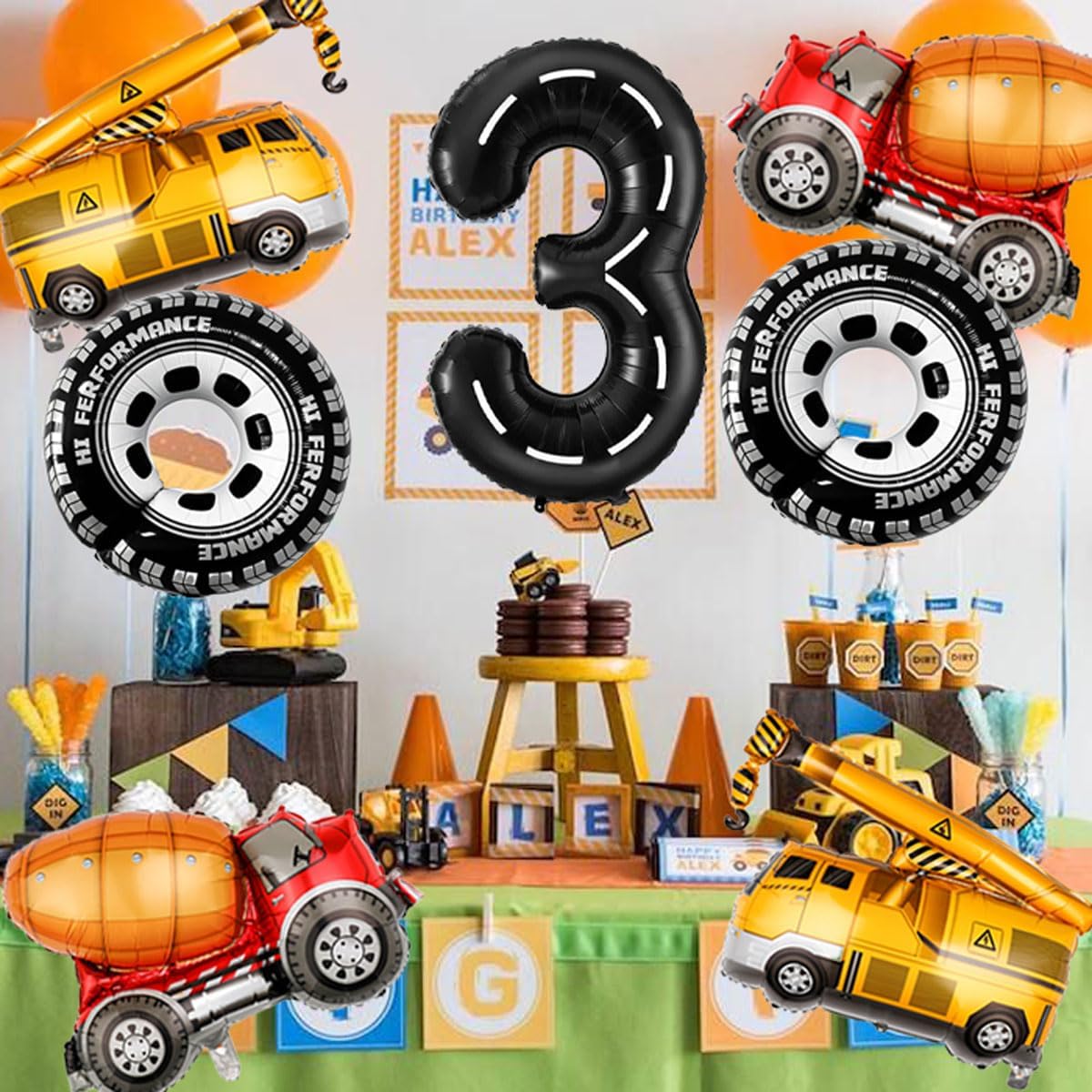 3rd Birthday Decorations for Boys Construction Balloons 40inch Number 3 Balloons Truck Foil Balloon for Construction Birthday Party Decorations Supplies