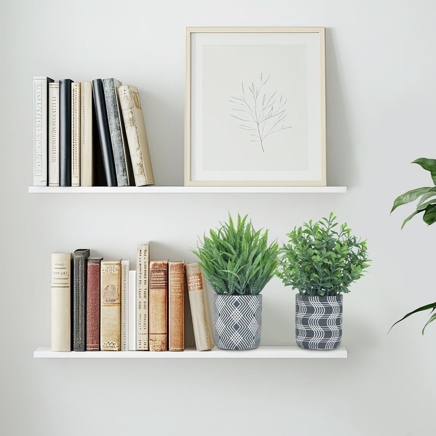 2 Pack Small Fake Plants, Fake Grass Plant, Artificial Boxwood with Geometric Pattern Cement Pots, Small Potted Faux Greenery for Home Decor, Bathroom, Shelf, Office, Farmhouse Decoration