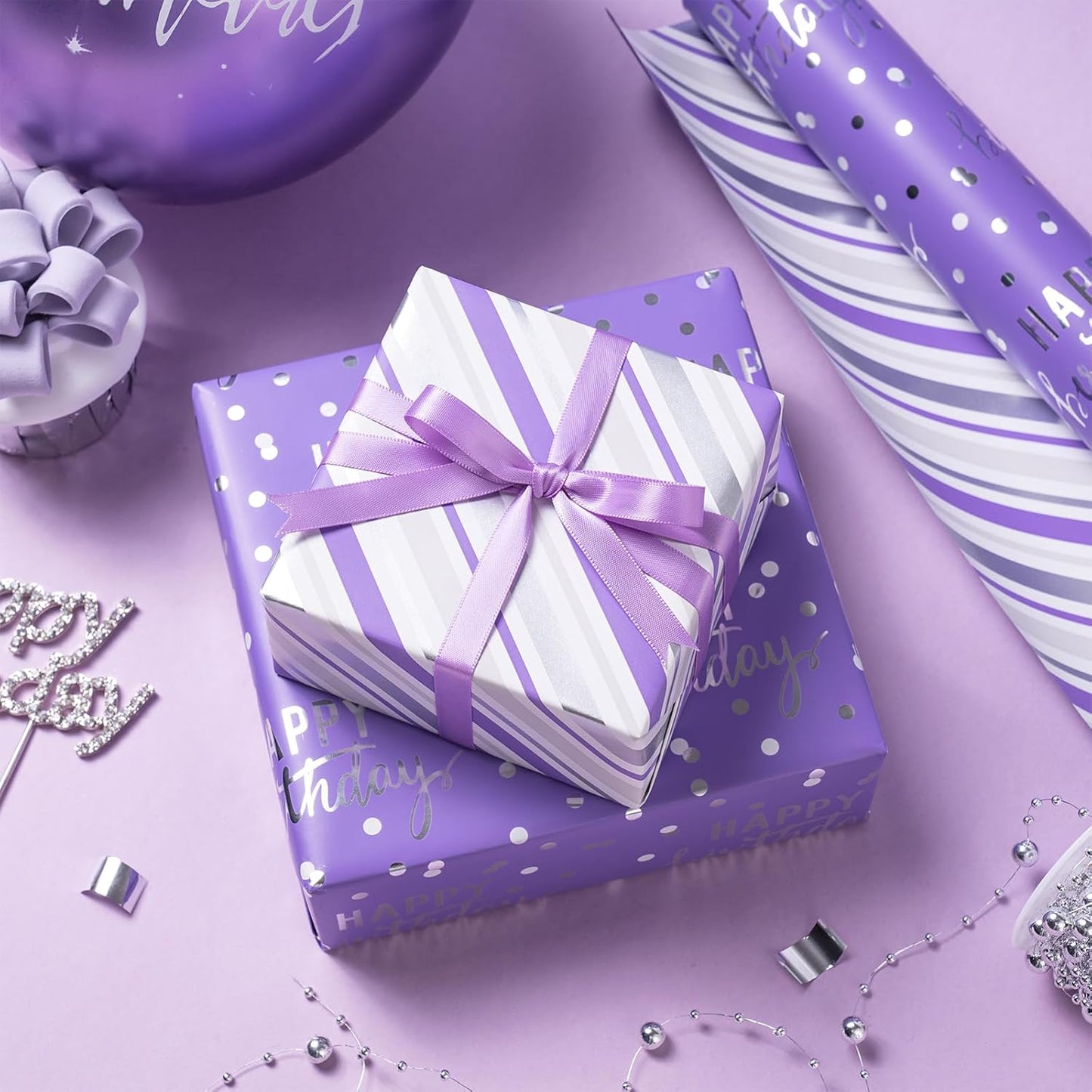 LeZakaa Purple Birthday Wrapping Paper Roll for Girls Women, Happy Birthday Lettering & Stripe Reversible, Metallic Foil, Large Roll, 30 inches x 32.8 Feet (92.9 sq.ft.)