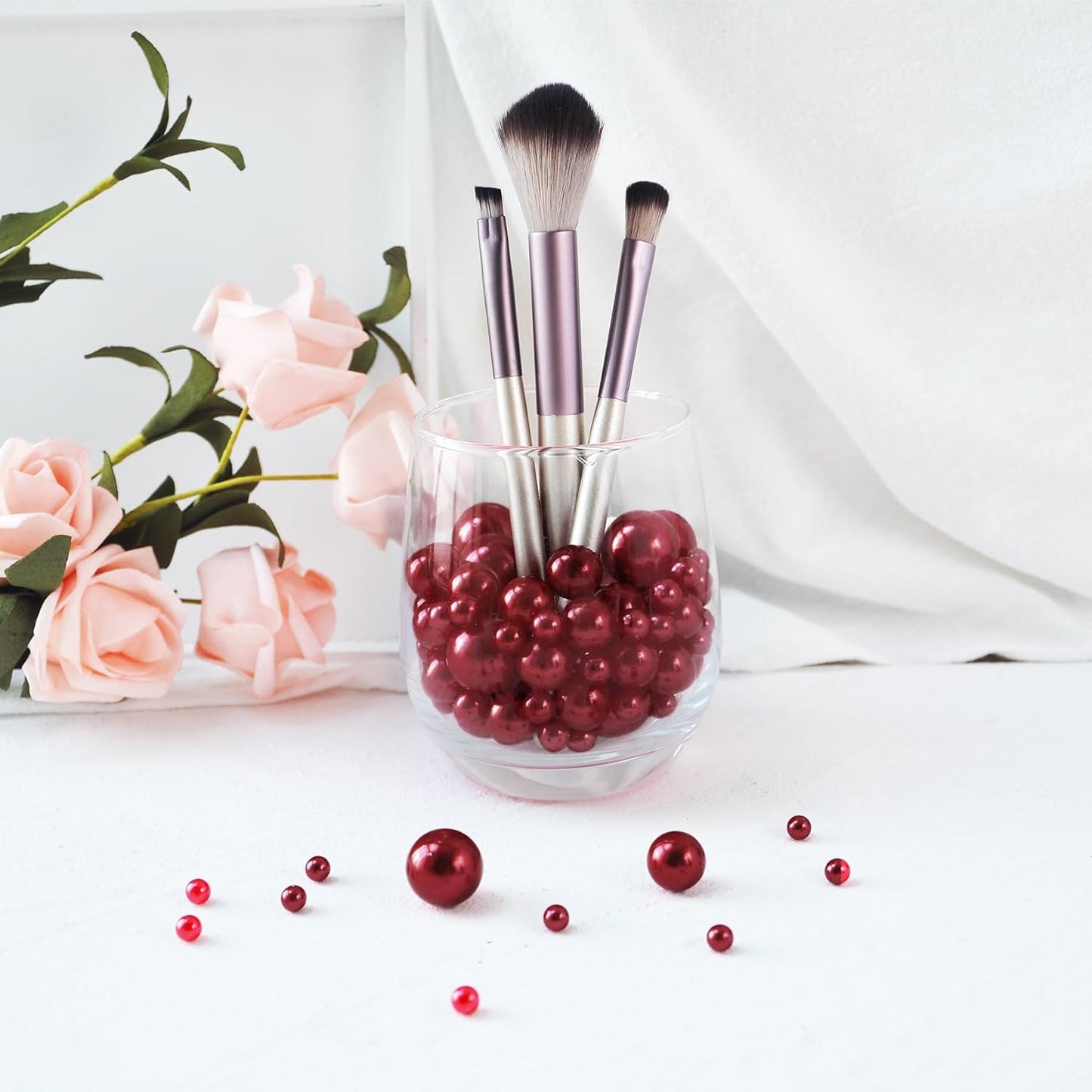 520Pcs WineRed Beads for Centerpieces Decor, Artifical Pearls Vase Filler, Large Beads for Makeup Brush, No Hole Round Pearl Beads for Wedding Birthday Christmas Party Home Decor(18mm 14mm 6mm)