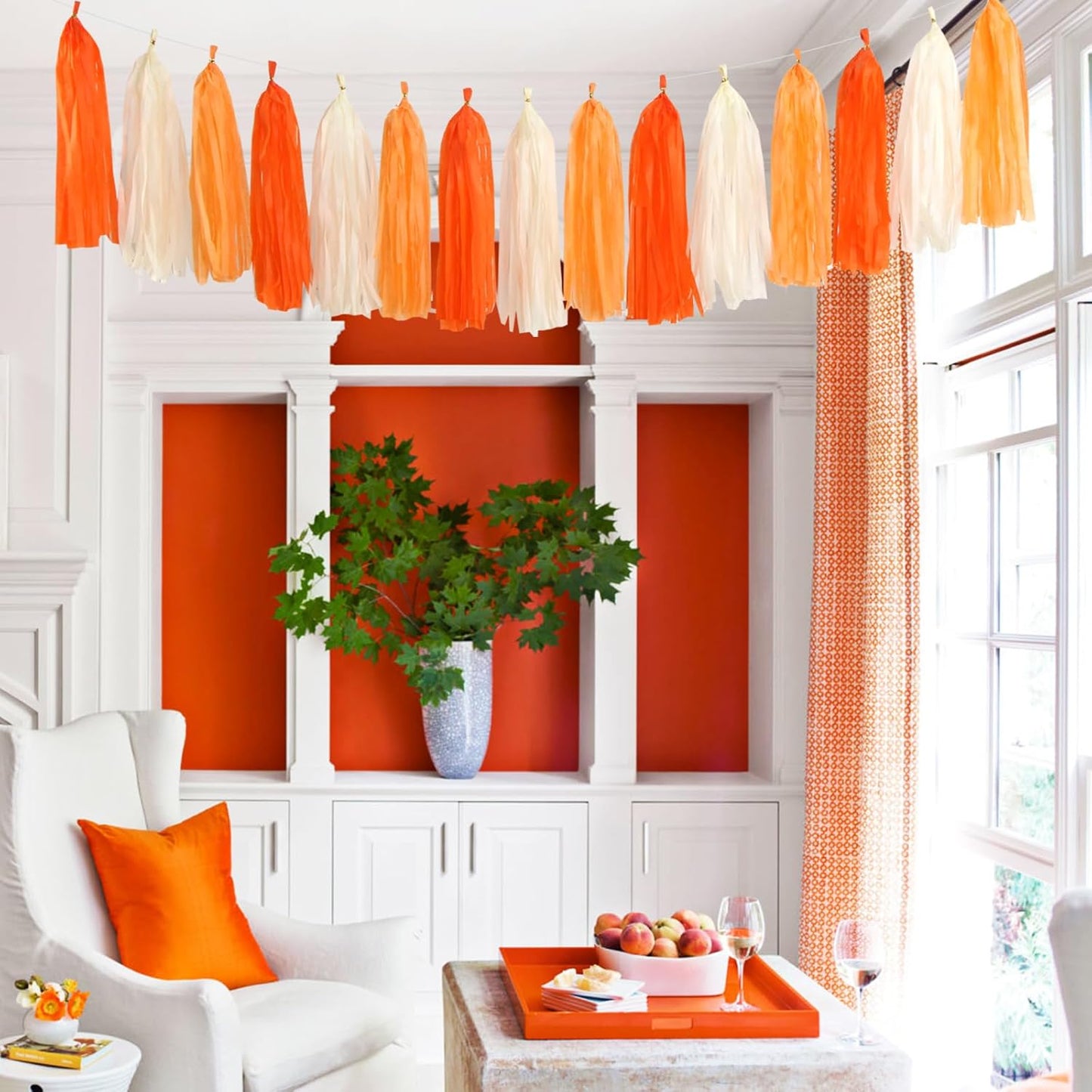 Orange Beige Fall Baby-Shower Party-Decorations - 23pcs Autumn Harvest Thanksgiving Tissue Pom Poms Streamers, Boho Birthday Bridal Wedding Engagement Bachelorette Tassel Garland Banner Decor Ouruola