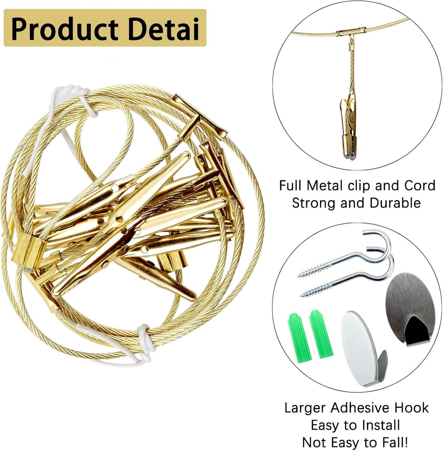 2 Pack Chain Photo Clip Hanging Photo Display Wall Photo Display Metal Photo String with 12 Clips Wall-Mounted Picture Holder for Hanging Painting Family Photos Artworks (Gold Color)