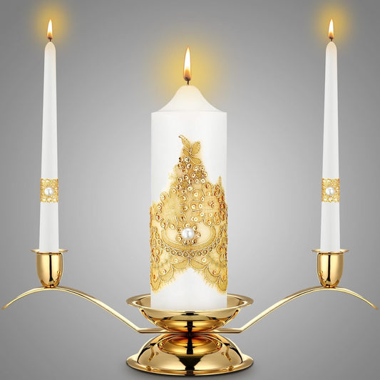Irenare Unity Candles with Holder for Wedding Ceremony Wedding Decortions Accessories Glass Candle Holder Pillar Candle for Formal Events Church(Gold Wedding)