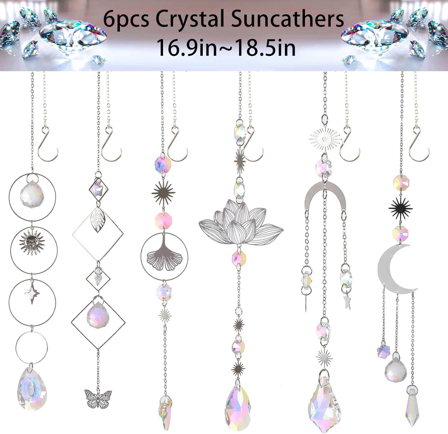Sun Catchers, 6 Pieces Colorful Suncatchers Decorative Hanging Clear Crystal Prism Rainbow with Silver Moon Sun Metal Forms Suncatcher Kit for Window Indoor Outdoor Car Mirror Decor Xmas Gift