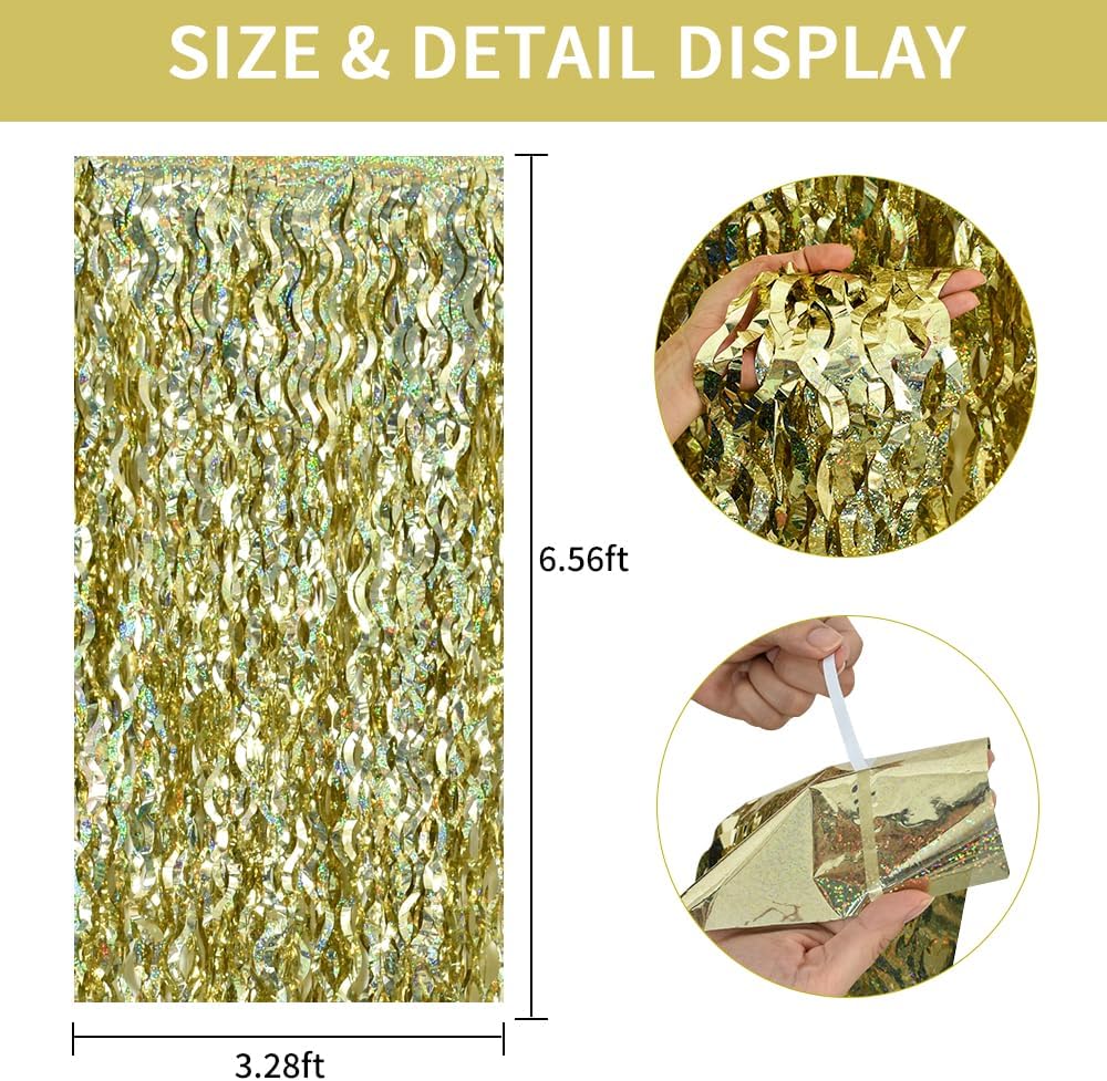 TONIFUL 3Pcs Wavy Metallic Tinsel Foil Fringe Curtains Champagne Gold Streamer Backdrop for Photo Booth Props,Party Door Wall Curtains Bachelorette Wedding Birthday New Year Decor (9.9ft x 6.6ft)