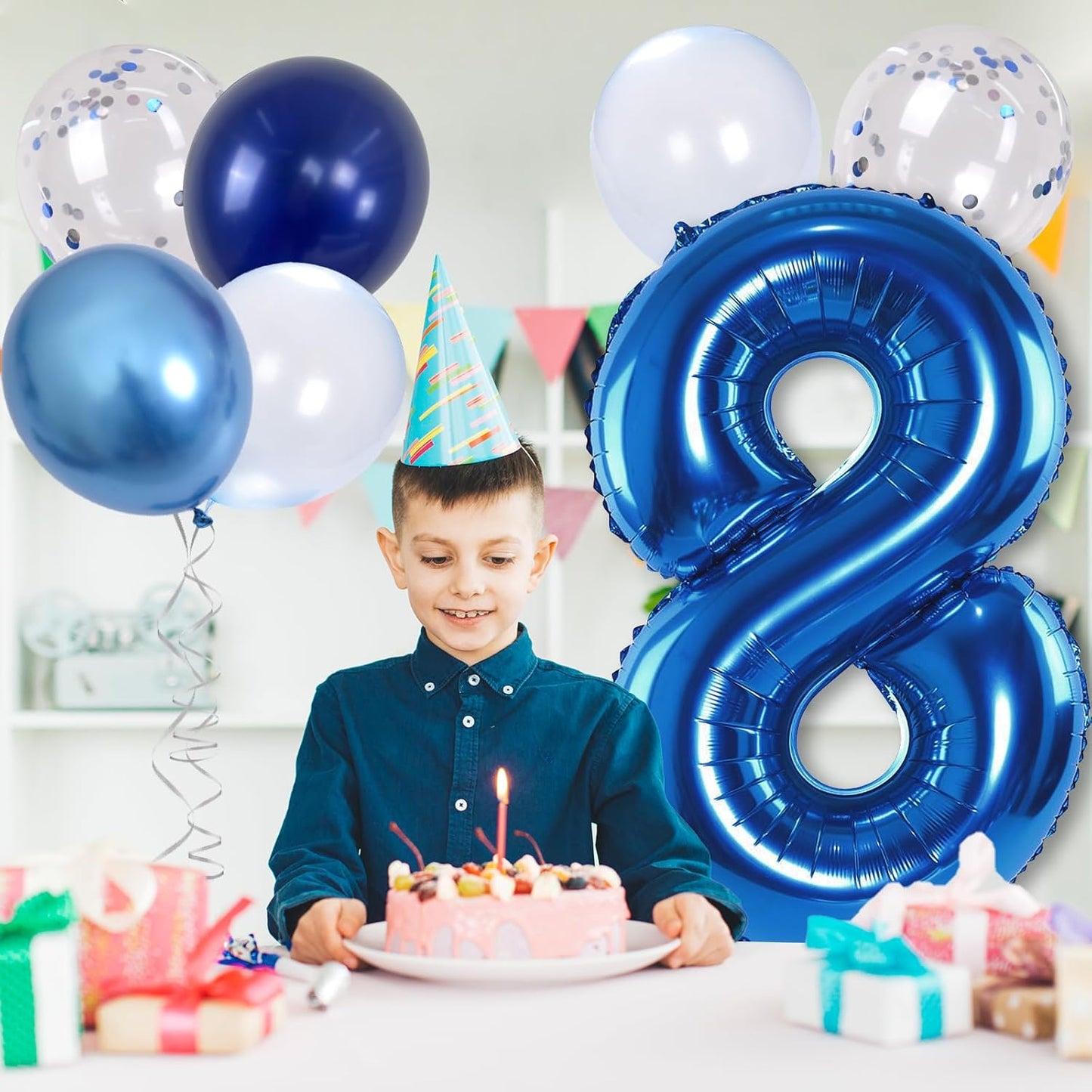 Giant Number Foil Balloon 8, Dark Blue Self Inflating 8th Birthday Balloon for Boys, 40'' 8 Balloon Light Navy Blue with Metallic Blue Silver Confetti Balloon for Anniversary Party Decoration Supplies