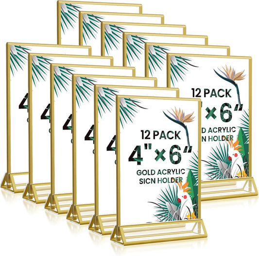 4x6 Gold Acrylic Sign Holder, 12 Pack Wedding Table Number Holder Stands with Vertical Gold Borders, Double Sided Picture Frame Paper Stand, Clear Photo Display Menu Holder for Party, Home, Restaurant