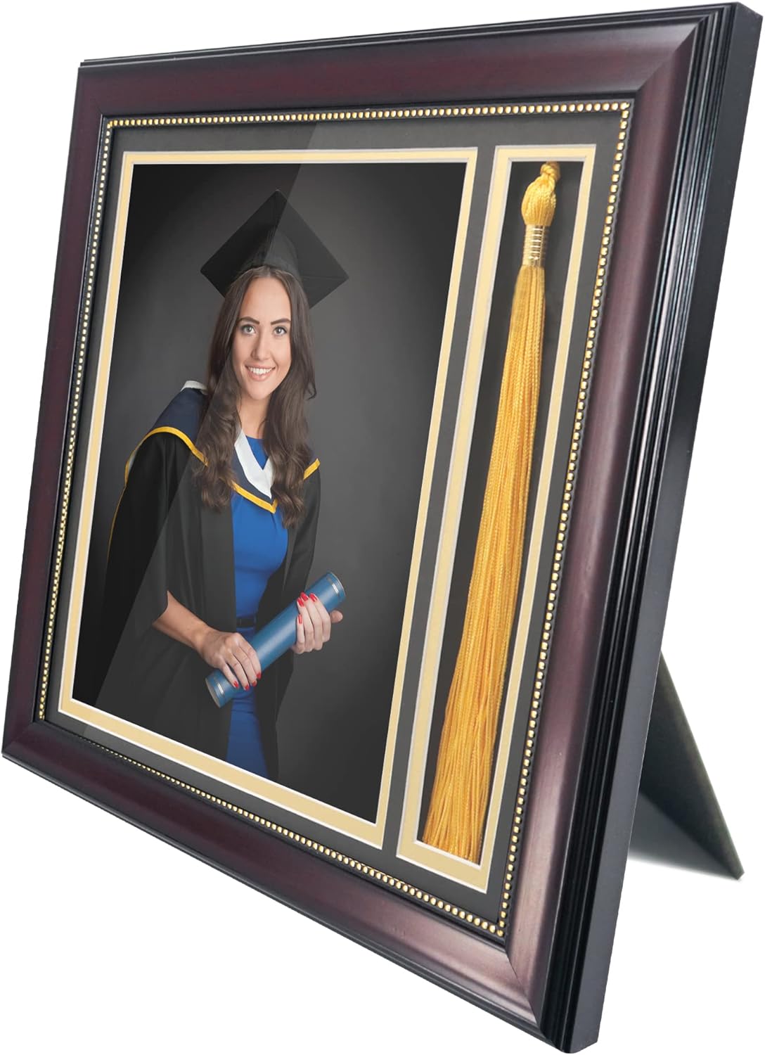 GraduationMall Graduation Photo Shadow Box Frame with Tassel Holder for 8x10 Pictures,Real Glass,Black Over Gold Double Mat,Wall & Tabletop Design