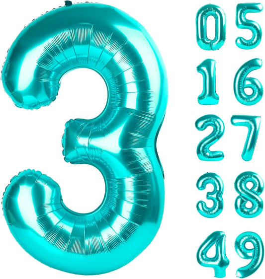 40 Inch Teal Blue 3 Large Number Balloon, 3 13 23 30 33 36 Teal Blue Birthday Party Decorations, Number Three Foil Balloons for Anniversary Party Graduations Celebration Supplies