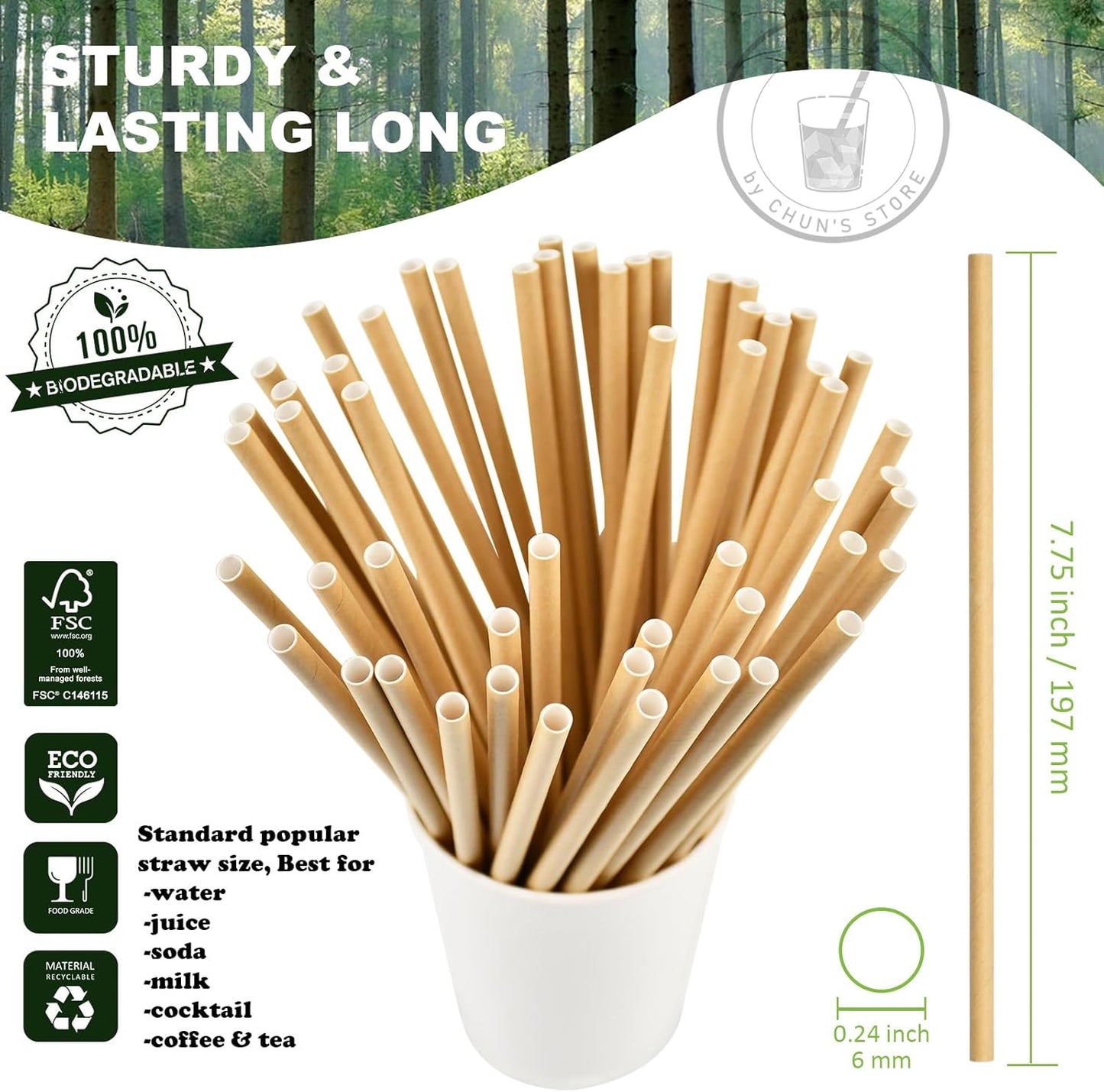 Brown Kraft Paper Drinking Straws, 7.75" Long, 0.24" Wide - Individually Wrapped - Pack of 1000