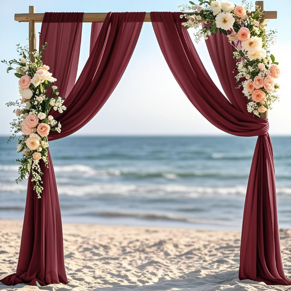 Burgundy Red Fall Thankgiving Elegant Arch Draping Fabric 2 Panels Outdoor 29" × 20Ft Sheer Chiffon Curtain Drapes for Wedding Ceremony Birthday Party Garden Brunch