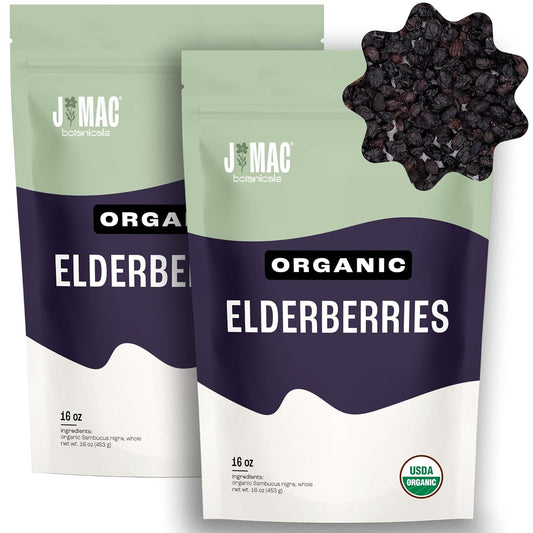 J MAC BOTANICALS Certified USDA - 100% Organic Dried Elderberries - 2lb Bulk - Non-Irradiated, Non-GMO, Whole Black Elderberry Immune Support - Raw Vegan Sambucus 2 Pack