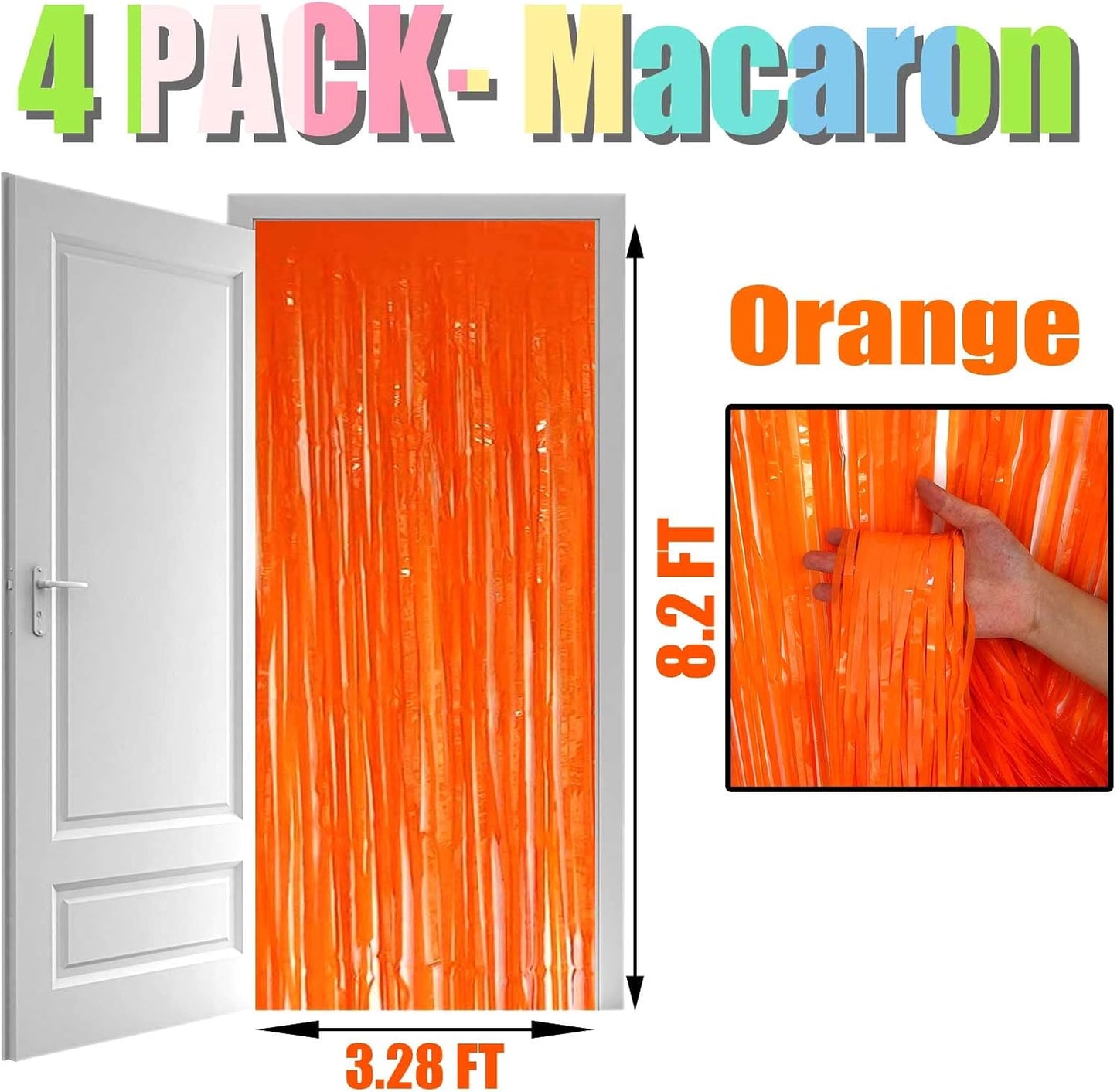 4 Pack Macaron Orange Foil Fringe Curtain Backdrop, 3.28Ft x 8.2Ft Metallic Tinsel Streamer Curtains, Birthday, Wedding, New Year’s, Christmas Decorations Party Supplies, One Size
