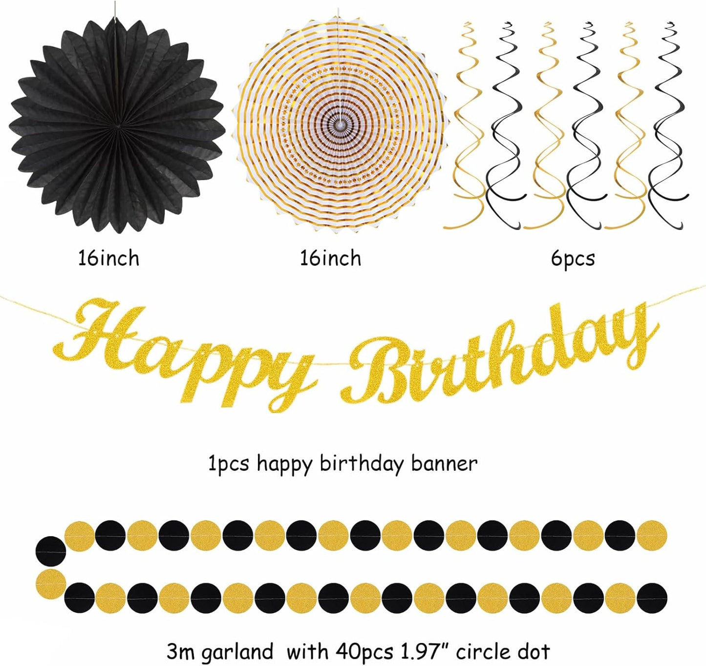 Black Gold Women-Men Birthday Party-decorations - 21pcs Happy Banner,Paper Streamers Lanterns Honeycomb,Tissue Pom Poms Fan,Classroom Birthday Supplies Decor Huglony