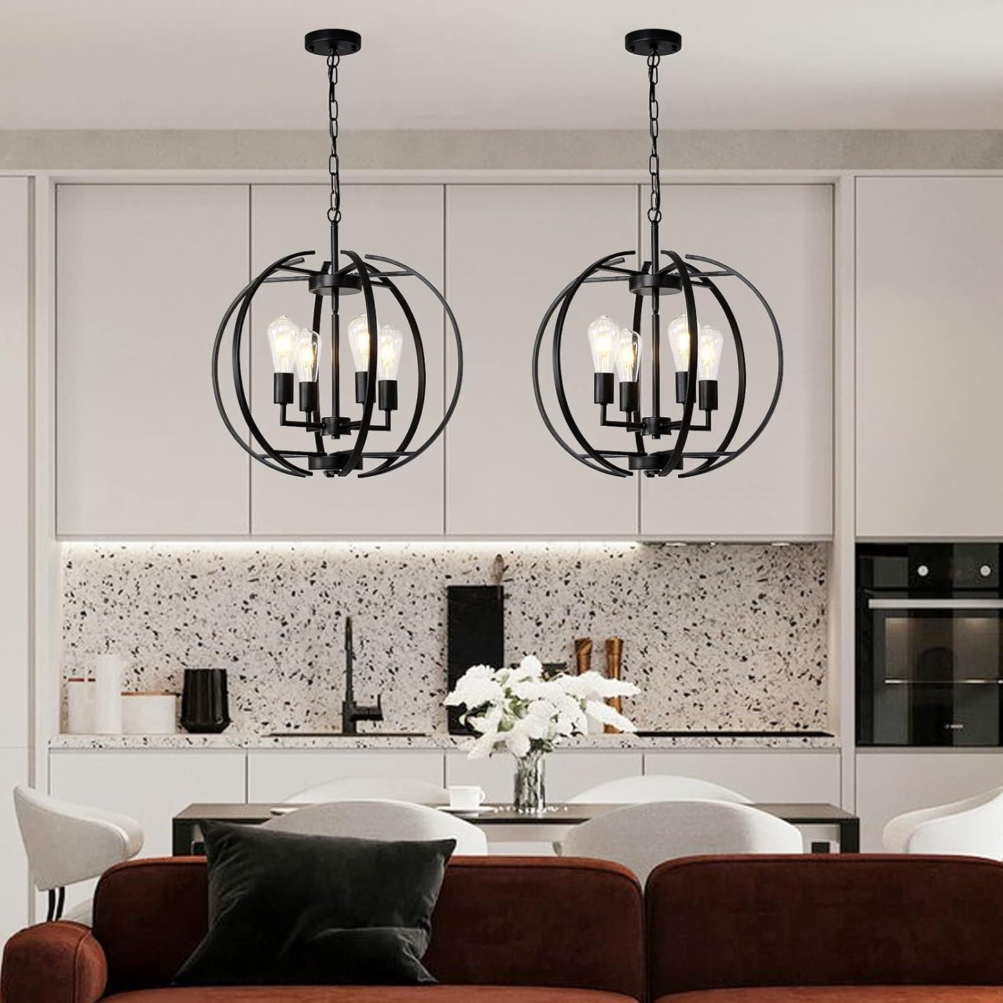 Large Lantern Globe Black Chandelier Lighting, Farmhouse Chandelier Adjustable Pendant Lighting Fixtures Hanging Ceiling 4 Light for Kitchen, Dining Room, Living Room, Hallway