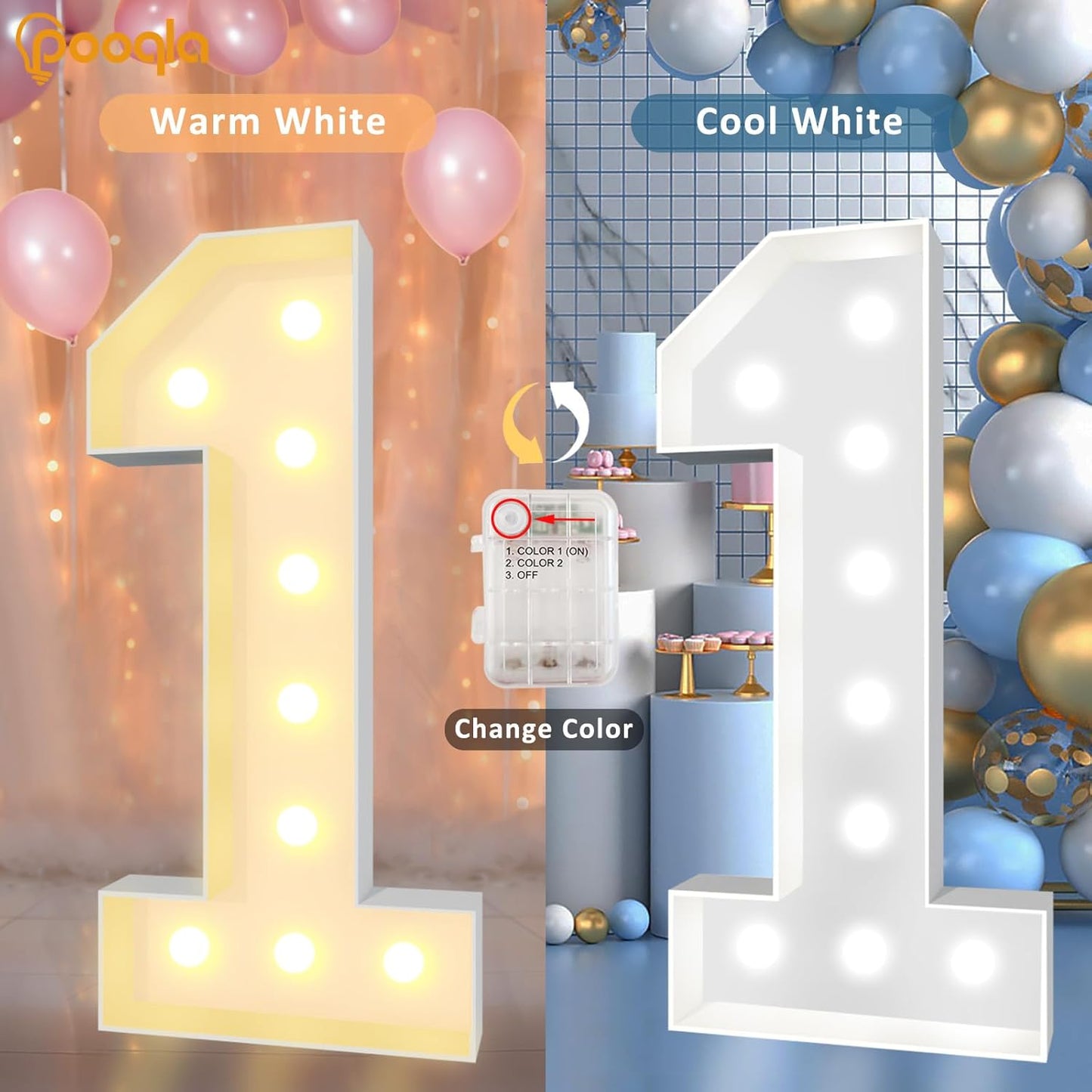 Pooqla 4 FT Light Up Marquee Numbers, Cool White and Warm White LED Large Lighted Marquee Numbers, Giant Mosaic Light Up Numbers for Balloons 2nd 20th 21st Birthday Party Decoration, LED Number 2