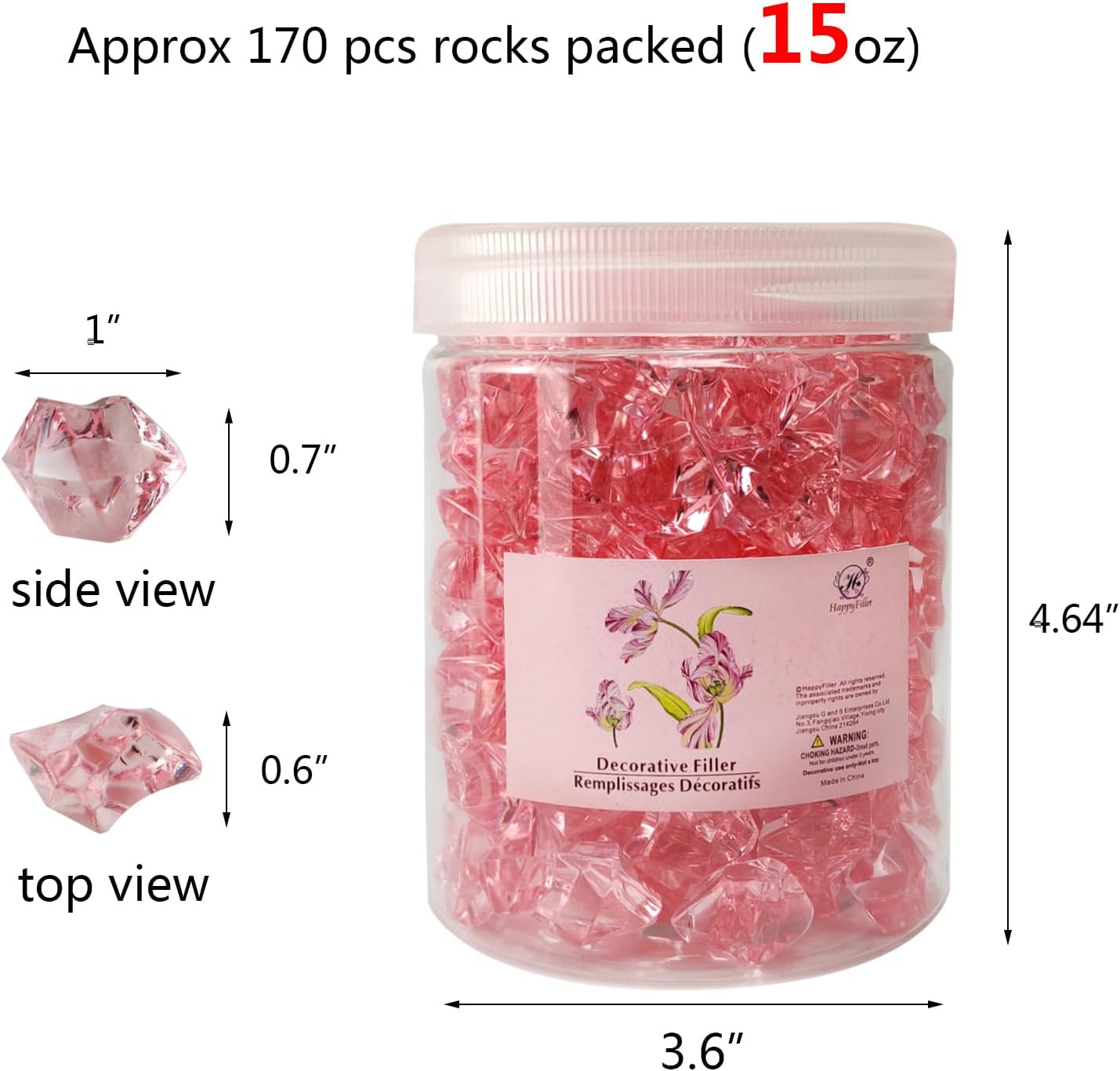 HappyFiller 15 OZ Pink Faux Ice Rocks 170 PCS Fake Crystal Cubes Stones Acrylic Gem for Glass Vase Fillers,Floral Display,Wedding Centerpieces,Party Deecor,Crafts,Table Scatter,Home Decoration