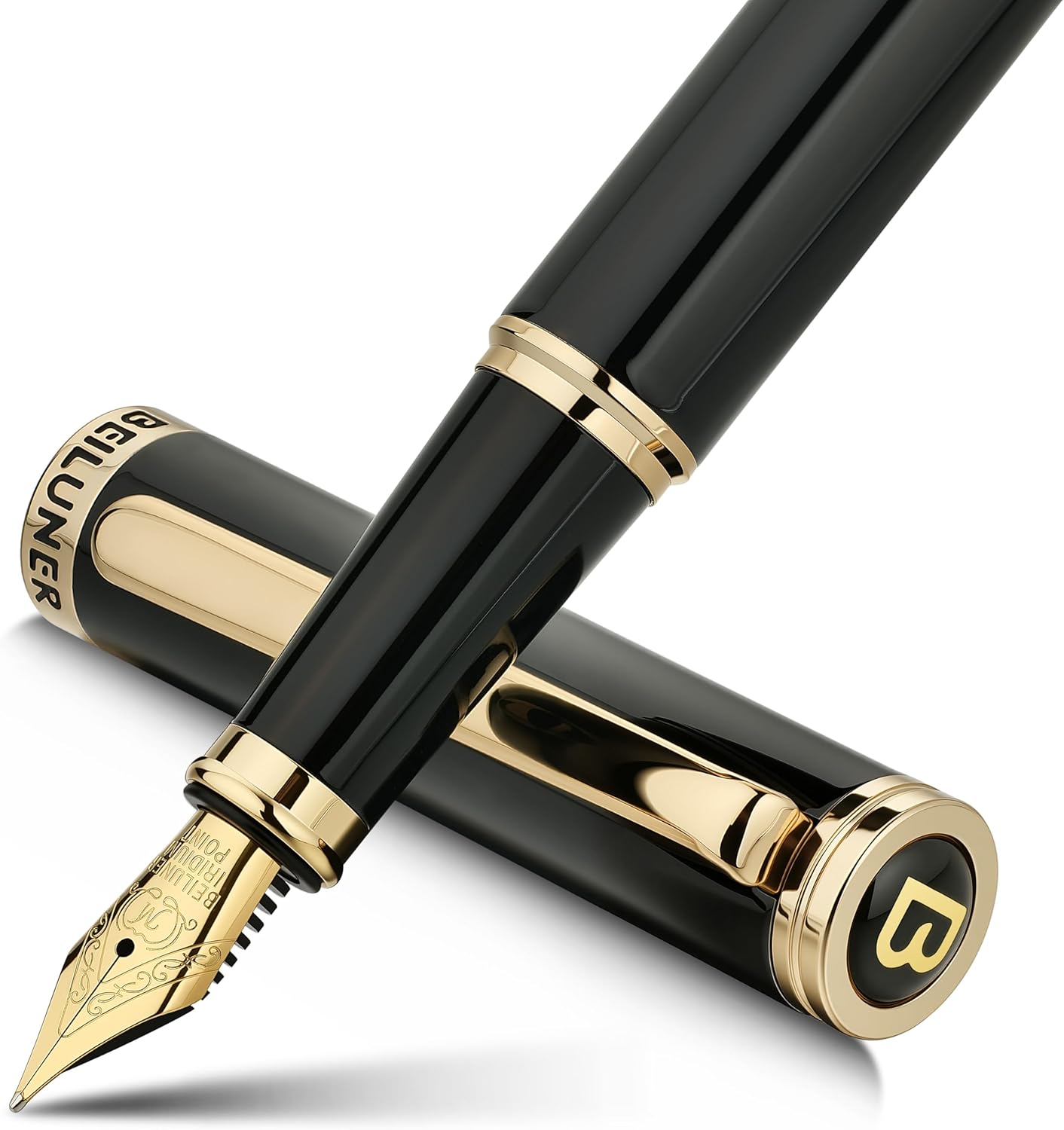BEILUNER Black Fountain Pen,Stunning Luxury Pens with 24K Gold Accents, Gorgeous 24K Gilded Nib(Medium), Trustworthy Pen Gift for Men&Women -Ink Converter-Elegant, Reliable,Nice Pen for Writing