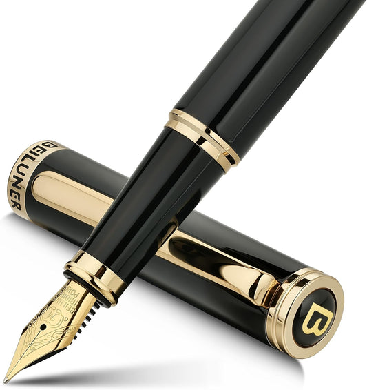 BEILUNER Black Fountain Pen,Stunning Luxury Pens with 24K Gold Accents, Gorgeous 24K Gilded Nib(Medium), Trustworthy Pen Gift for Men&Women -Ink Converter-Elegant, Reliable,Nice Pen for Writing