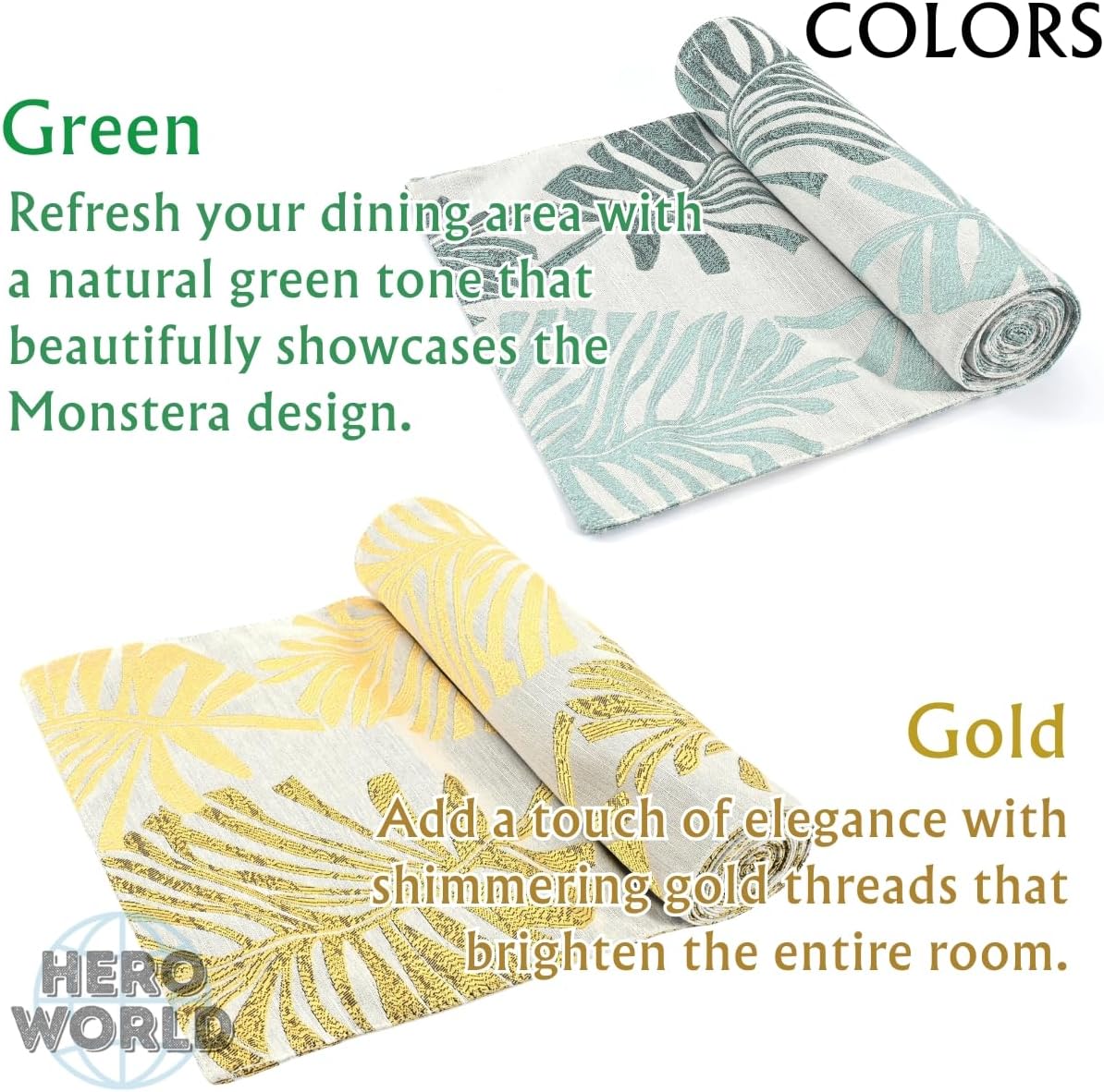 Monstera Leaf Table Runner – Elegant Fabric Table Centerpiece, Machine Washable, Gold or Green, 71"/83"/94" Length, 13" Width (Gold/94)