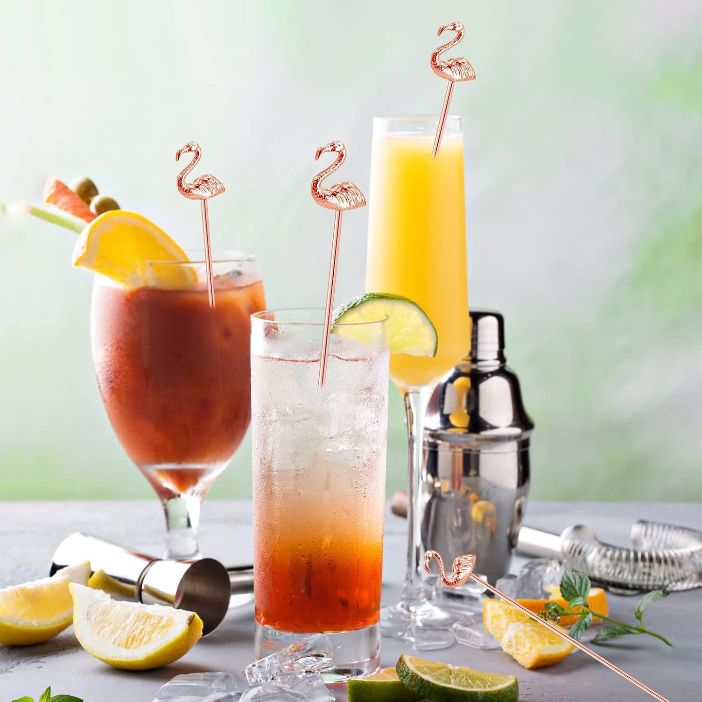 4 Pcs Flamingo Cocktail Stirrers Swizzle Sticks Stainless Steel 7.28" Coffee Stir Sticks with Decor Top for Mixing Cocktail, Hot Cocoa, Creamer, Rose Gold