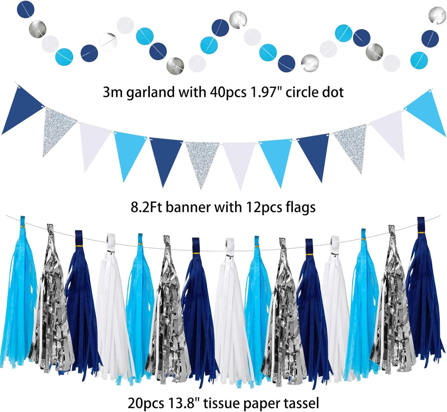 Navy-Blue White Silver Graduation Party-Decorations 33pcs Kits Banner, Paper Lantern Fans,Tissue Pom Poms Honeycomb, Streamers Tassel Garland,Bridal Shower Birthday Wedding Bachelorette Decor