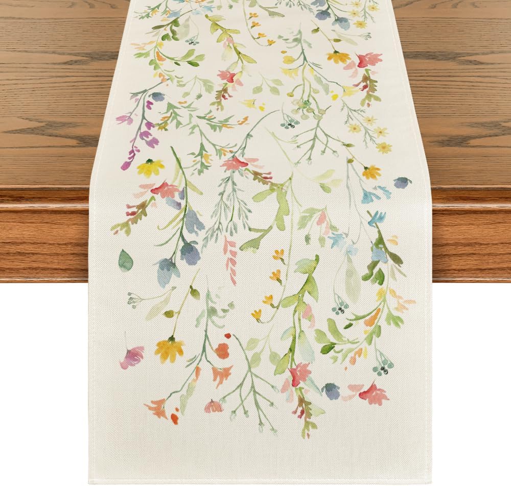 Artoid Mode Wildflowers Bloom Flowers Spring Table Runner, Seasonal Summer Floral Kitchen Dining Table Decoration for Home Party Decor 13x72 Inch