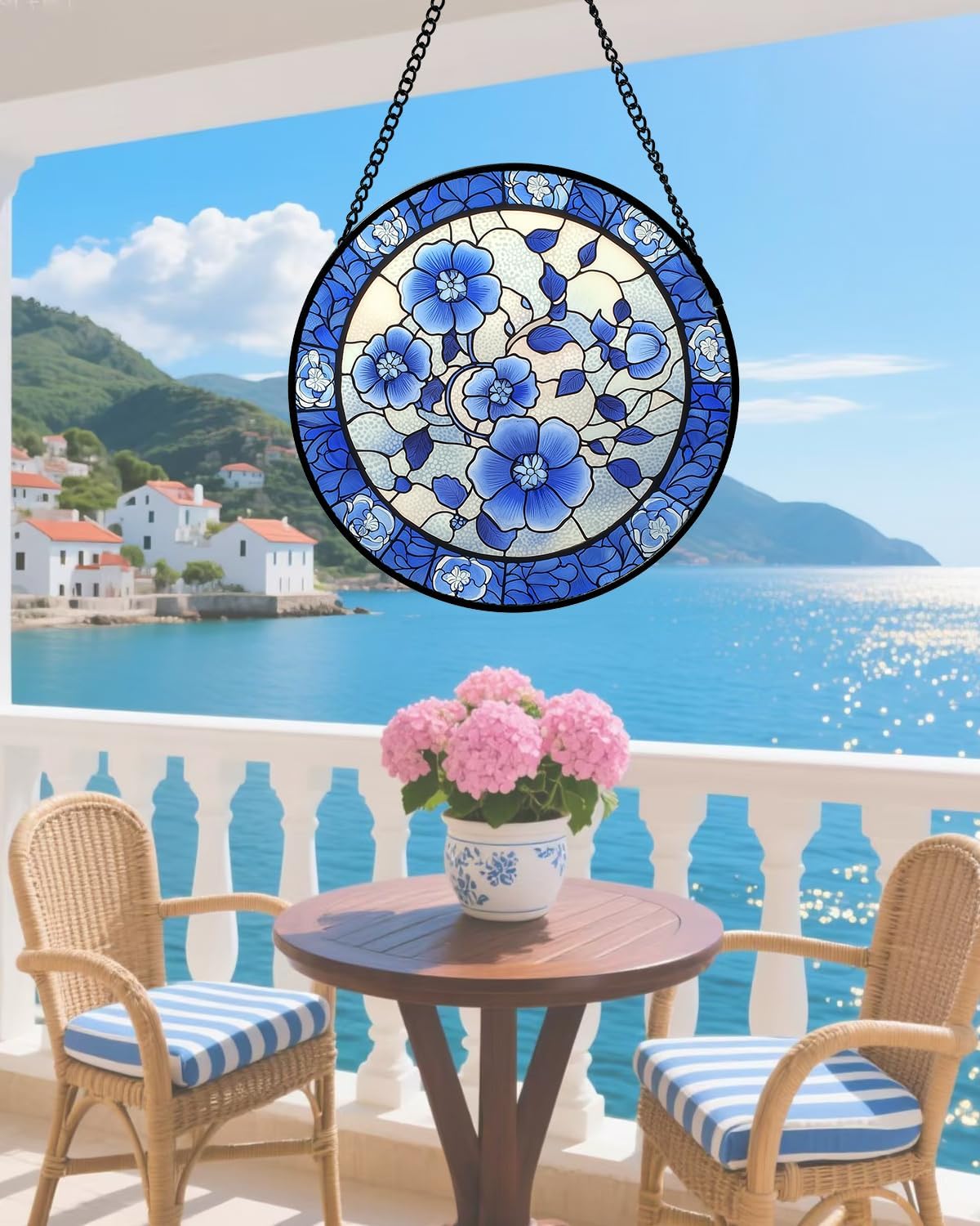 Stained Glass Window Hanging, Blue and White Plum Blossom Sun Catcher for Door Home Decor Flowers Suncatcher Christmas Mother's Day Birthday Gifts for Women Men Mom and Nana 7.8 in