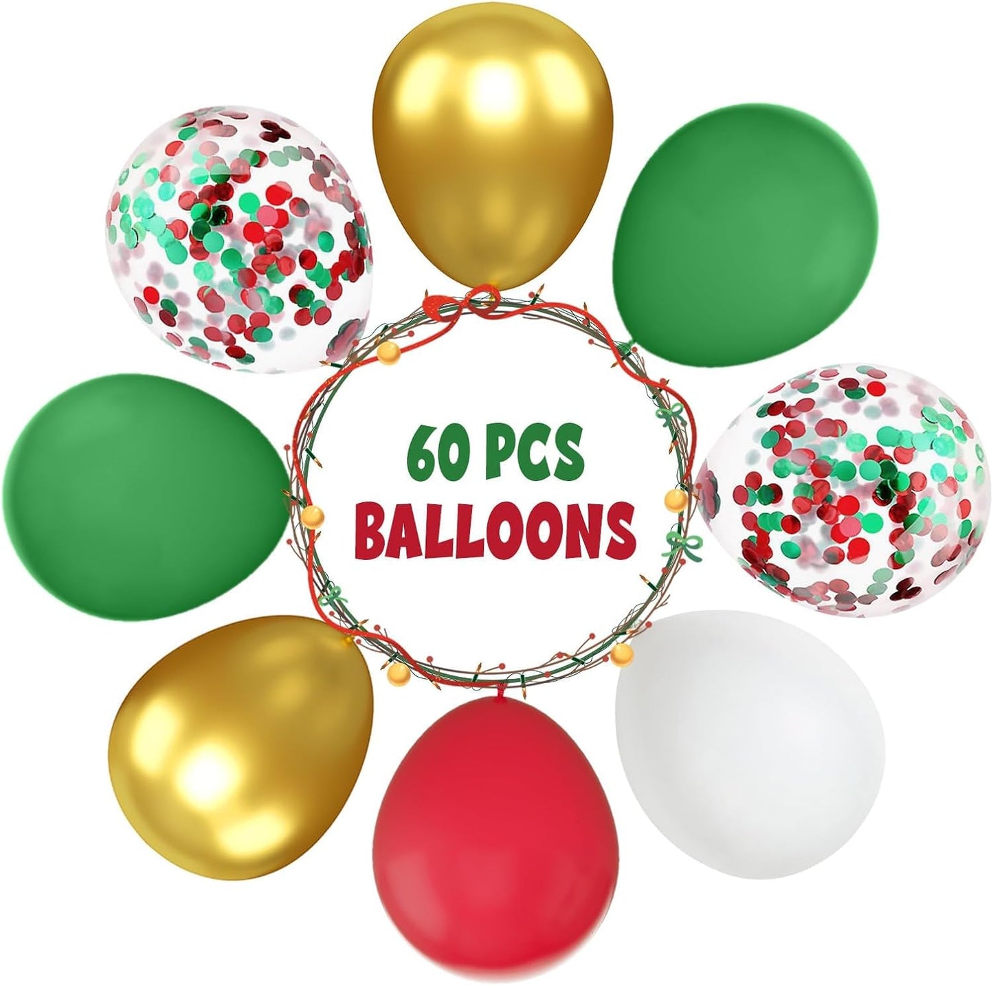 FunHot Christmas Balloons, 60 Pcs Red Green Gold Balloons, 12 Inch Red Green Confetti Balloons Metallic Gold Helium Balloons White Latex Balloons for Happy New Year Merry Christmas Party Decorations