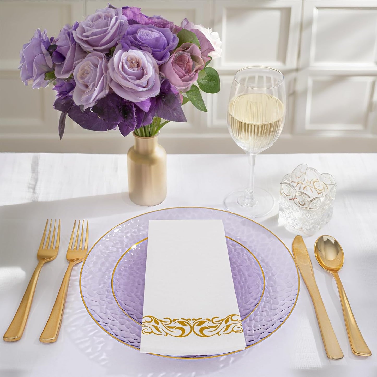 Rubtlamp 175 Pcs Purple Plastic Dinnerware Set (25 Guests), Clear Purple Plates With Gold Rim, Hammered Party Platos, Plates And Cups And Napkins Sets for Wedding, Party