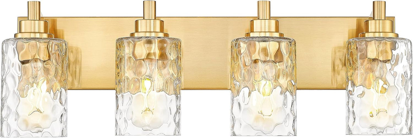 4-Light Bathroom Light Fixtures, 24.5 Inch Brushed Gold Vanity Lights with Clear Hammered Glass Cylinder Shade, Modern Vanity Lighting Fixture Over Mirror, VL198-BG-4