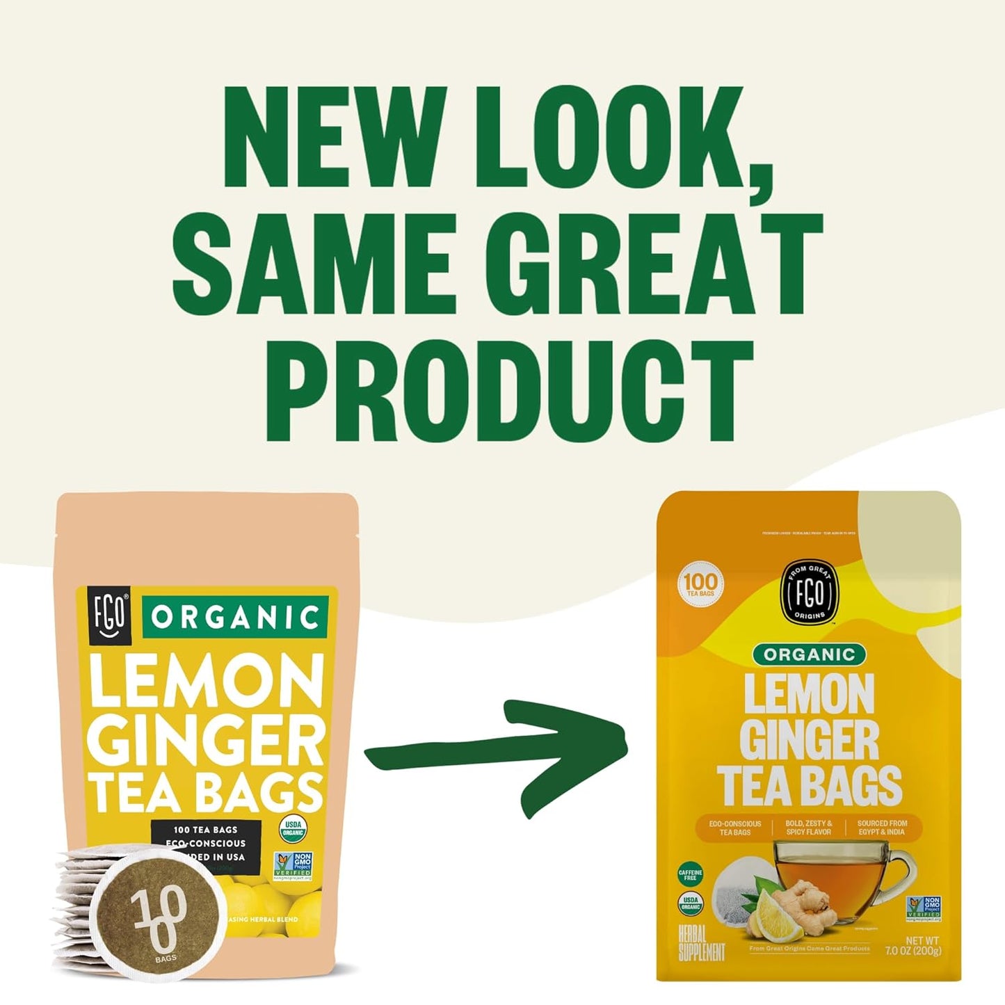 FGO Organic Lemon Ginger Tea, 100 Count, Eco-Conscious Tea Bags, Resealable Bag, Caffeine Free, Packaging May Vary (Pack of 1)