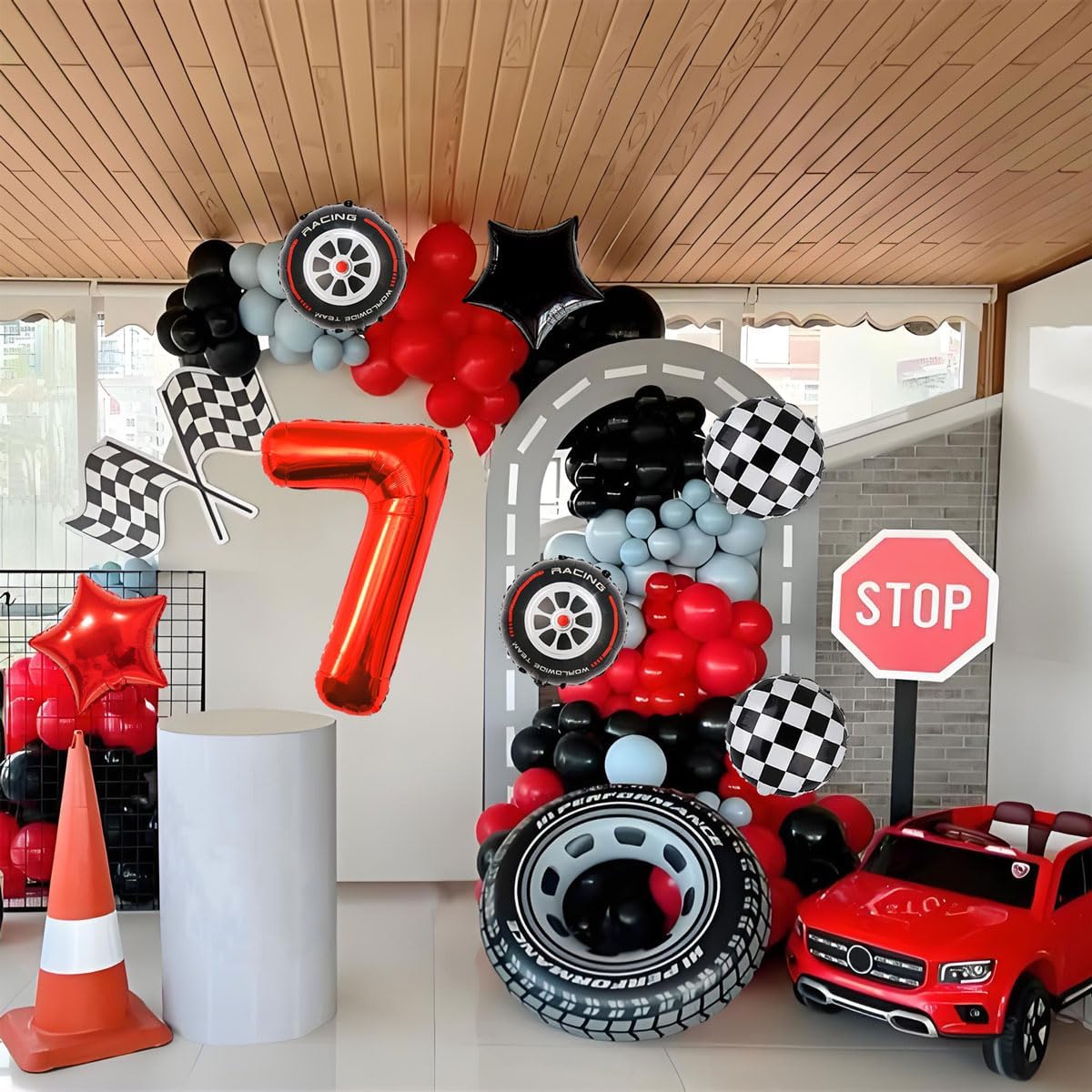 Race Car Birthday Party Decorations - 40 Inch Mylar Red Number 7 Balloons - Black Foil Checkered Race Car Balloons for 7st Birthday Race Cars Themed Party Decorations