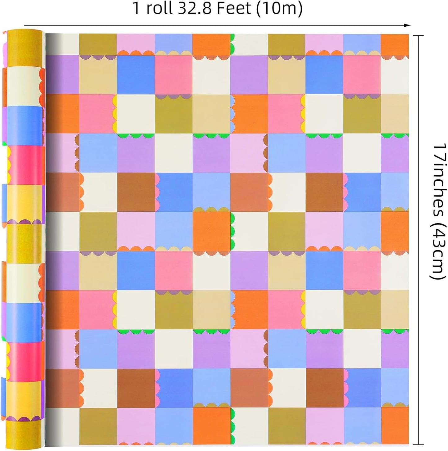 Ulmasinn Color Block Wrapping Paper Roll - 17 Inches x 33 Feet - for Girls Boys Kids, Colorful Square Patterned Gift Wrapping Paper with Scalloped Edges for Birthday Party, Holidays, Weddings