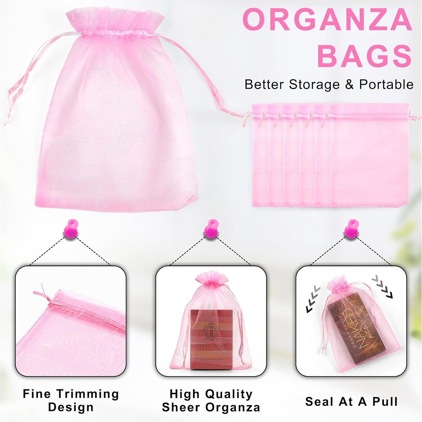 ANZNKU 50 Pack Organza Bags 4 x 6 inch Premium Sheer Drawstring Organza Bags for Candy Jewelry Party Wedding Christmas Favor Gift Bag (Pink)