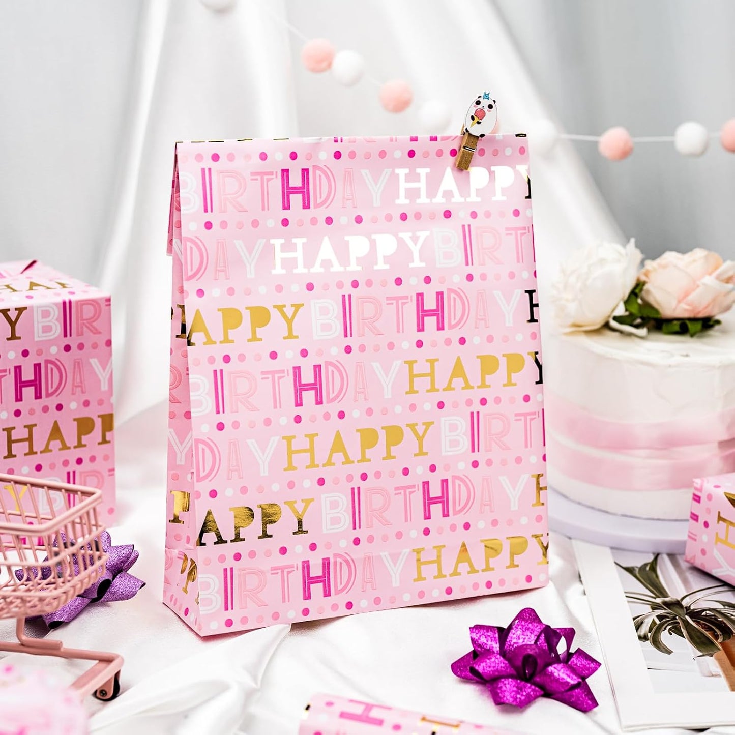 Yarcony Girl Birthday Wrapping Paper Roll, Pink and Gold Wrapping Paper, Gold Foil Girly Happy Birthday Lettering Design Pink Gift Wrap for Girls Women, Baby Shower, Christmas(17 Inch X 33 Feet)